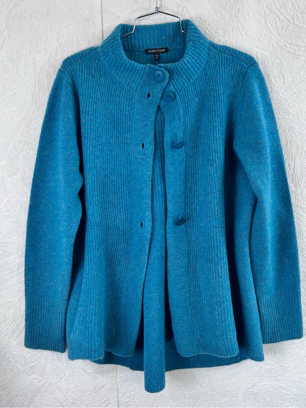Eileen Fisher Peacock Blue Lambswool and Cashmere Blend Button Cardigan Size Med